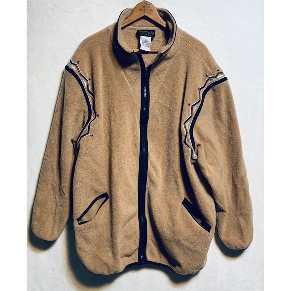 Bob Mackie Wearable Art Jackets & Blazers - Bob Mackie Fleece Jacket Women XL Tan Wearable Art Western Studded Full Zip Mock